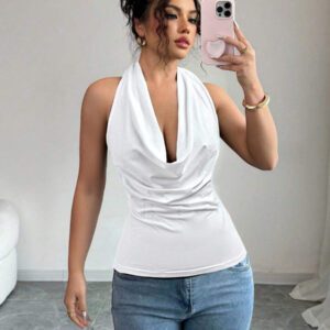 Chiquease Top court dos nu sexy de couleur unie pour femmes, été