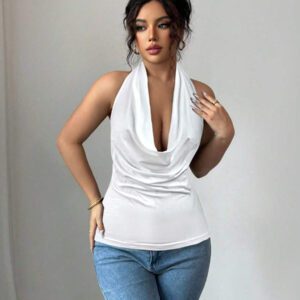 Chiquease Top court dos nu sexy de couleur unie pour femmes, été