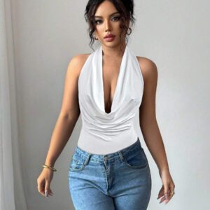 Chiquease Top court dos nu sexy de couleur unie pour femmes, été