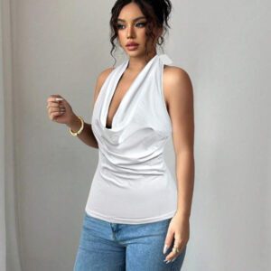 Chiquease Top court dos nu sexy de couleur unie pour femmes, été