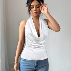 Chiquease Top court dos nu sexy de couleur unie pour femmes, été