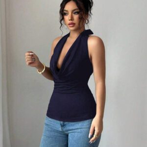 Chiquease Top court dos nu sexy de couleur unie pour femmes, été