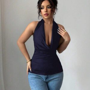 Chiquease Top court dos nu sexy de couleur unie pour femmes, été