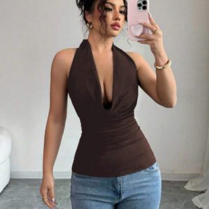 Chiquease Top court dos nu sexy de couleur unie pour femmes, été