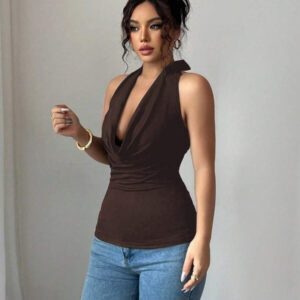 Chiquease Top court dos nu sexy de couleur unie pour femmes, été