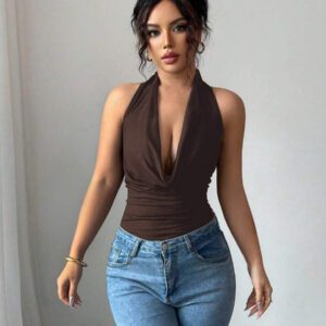 Chiquease Top court dos nu sexy de couleur unie pour femmes, été