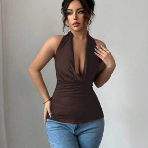 Chiquease Top court dos nu sexy de couleur unie pour femmes, été