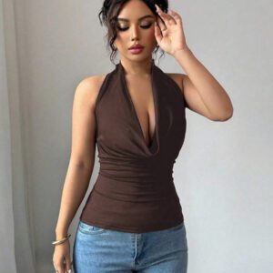 Chiquease Top court dos nu sexy de couleur unie pour femmes, été