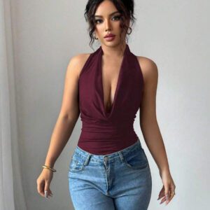 Chiquease Top court dos nu sexy de couleur unie pour femmes, été