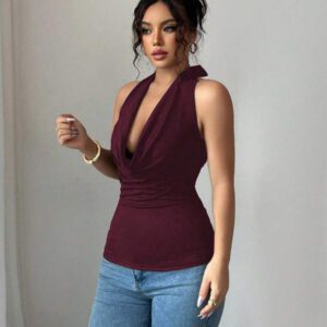 Chiquease Top court dos nu sexy de couleur unie pour femmes, été