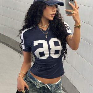 StreetHx T-shirt streetwear à manches courtes avec imprimé numérique bleu marine pour femme, printemps/été