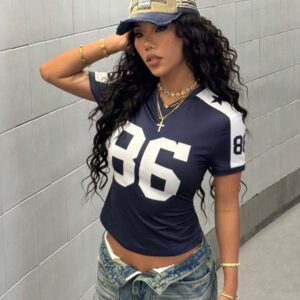 StreetHx T-shirt streetwear à manches courtes avec imprimé numérique bleu marine pour femme, printemps/été