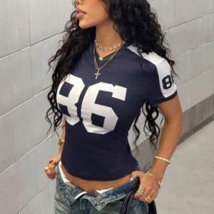 StreetHx T-shirt streetwear à manches courtes avec imprimé numérique bleu marine pour femme, printemps/été