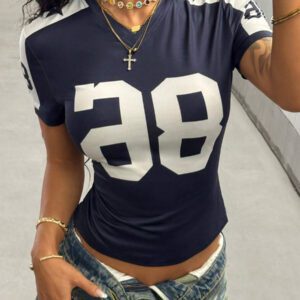 StreetHx T-shirt streetwear à manches courtes avec imprimé numérique bleu marine pour femme, printemps/été