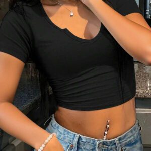 INAWLY T-shirt sexy ajusté à décolleté en V découpé à manches courtes pour femmes