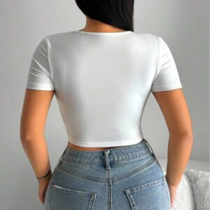 INAWLY T-shirt sexy ajusté à décolleté en V découpé à manches courtes pour femmes