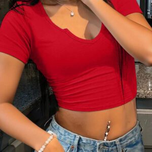 INAWLY T-shirt sexy ajusté à décolleté en V découpé à manches courtes pour femmes