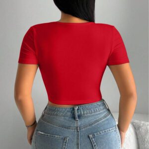 INAWLY T-shirt sexy ajusté à décolleté en V découpé à manches courtes pour femmes