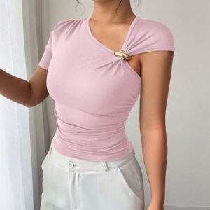 Elenzga Top à manches courtes pour femmes avec encolure asymétrique élégante, décoré de boutons en métal or rose 3D