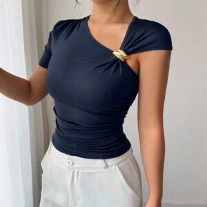 Elenzga Top à manches courtes pour femmes avec encolure asymétrique élégante, décoré de boutons en métal or rose 3D