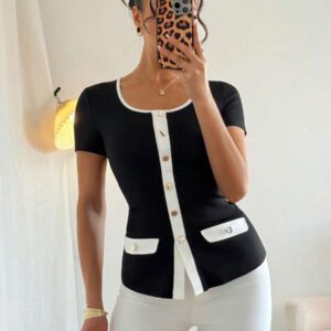 Islaluna T-shirt ajusté à manches courtes pour femmes, minimaliste, côtelé, monochrome