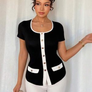 Islaluna T-shirt ajusté à manches courtes pour femmes, minimaliste, côtelé, monochrome