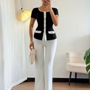 Islaluna T-shirt ajusté à manches courtes pour femmes, minimaliste, côtelé, monochrome