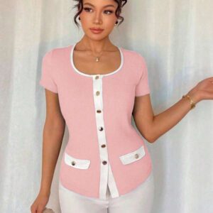 Islaluna T-shirt ajusté à manches courtes pour femmes, minimaliste, côtelé, monochrome