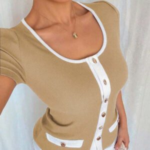Islaluna T-shirt ajusté à manches courtes pour femmes, minimaliste, côtelé, monochrome
