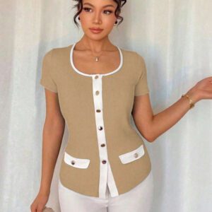Islaluna T-shirt ajusté à manches courtes pour femmes, minimaliste, côtelé, monochrome