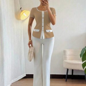 Islaluna T-shirt ajusté à manches courtes pour femmes, minimaliste, côtelé, monochrome