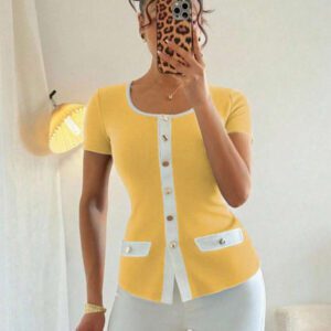 Islaluna T-shirt ajusté à manches courtes pour femmes, minimaliste, côtelé, monochrome