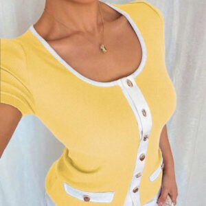 Islaluna T-shirt ajusté à manches courtes pour femmes, minimaliste, côtelé, monochrome