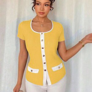 Islaluna T-shirt ajusté à manches courtes pour femmes, minimaliste, côtelé, monochrome