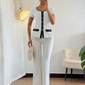 Islaluna T-shirt ajusté à manches courtes pour femmes, minimaliste, côtelé, monochrome