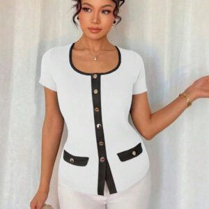 Islaluna T-shirt ajusté à manches courtes pour femmes, minimaliste, côtelé, monochrome