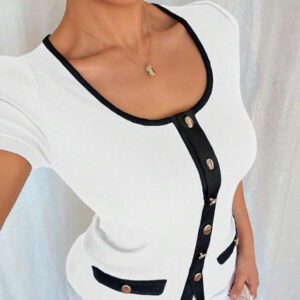 Islaluna T-shirt ajusté à manches courtes pour femmes, minimaliste, côtelé, monochrome