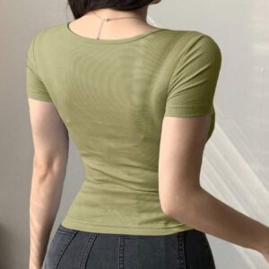 Joudiya T-shirt court ajusté à encolure en V torsadé et manches courtes pour femmes
