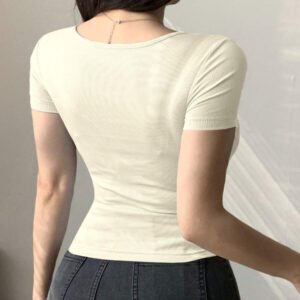 Joudiya T-shirt court ajusté à encolure en V torsadé et manches courtes pour femmes
