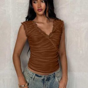 Glamine T-shirt casual blanc moulant à volants et maille unicolore pour femmes
