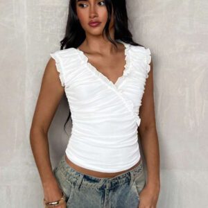 Glamine T-shirt casual blanc moulant à volants et maille unicolore pour femmes