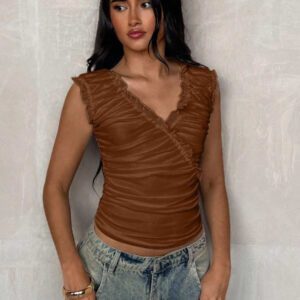 Glamine T-shirt casual blanc moulant à volants et maille unicolore pour femmes