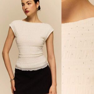 Poéselle Chemise T à dos nu, couleur unie, texturée, avec paillettes et maille, dos ouvert, élégante pour femmes