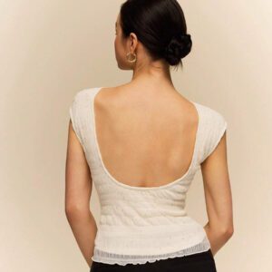 Poéselle Chemise T à dos nu, couleur unie, texturée, avec paillettes et maille, dos ouvert, élégante pour femmes