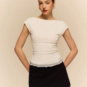 Poéselle Chemise T à dos nu, couleur unie, texturée, avec paillettes et maille, dos ouvert, élégante pour femmes