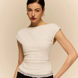 Poéselle Chemise T à dos nu, couleur unie, texturée, avec paillettes et maille, dos ouvert, élégante pour femmes