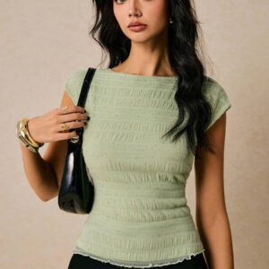Poéselle Chemise T à dos nu, couleur unie, texturée, avec paillettes et maille, dos ouvert, élégante pour femmes