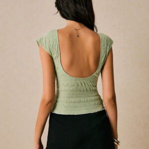 Poéselle Chemise T à dos nu, couleur unie, texturée, avec paillettes et maille, dos ouvert, élégante pour femmes