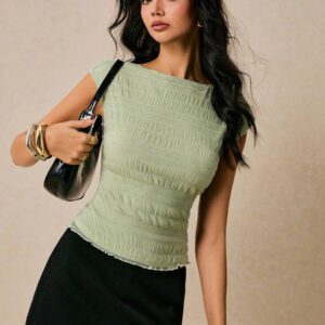 Poéselle Chemise T à dos nu, couleur unie, texturée, avec paillettes et maille, dos ouvert, élégante pour femmes