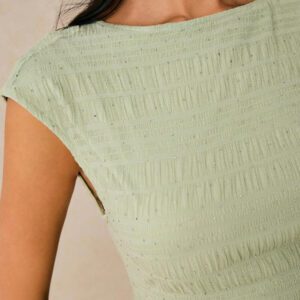 Poéselle Chemise T à dos nu, couleur unie, texturée, avec paillettes et maille, dos ouvert, élégante pour femmes